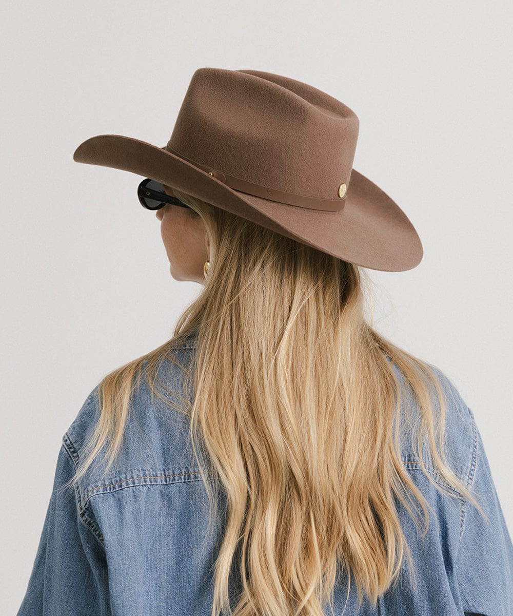 Shane Brick Top Western Hat For Women - Gigi Pip Women's Felt Hats - tall classic brick top western cowboy hat featuring an attached tonal buckle band [chocolate]