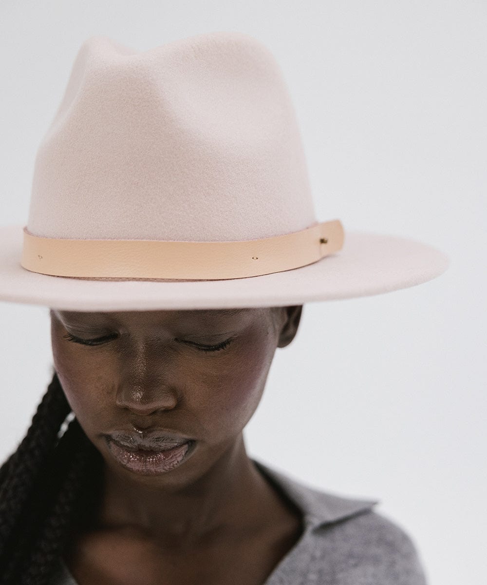 Gigi Pip felt hats for women - Shiloh Fedora with Leather Band - classic fedora with a stiff, flat brim and features a nude leather band [blush pink]