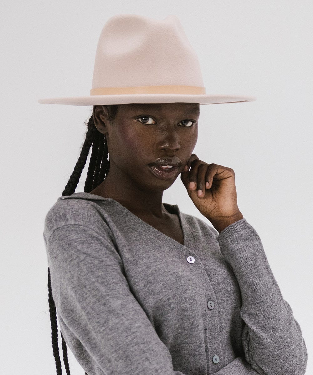 Gigi Pip felt hats for women - Shiloh Fedora with Leather Band - classic fedora with a stiff, flat brim and features a nude leather band [blush pink]