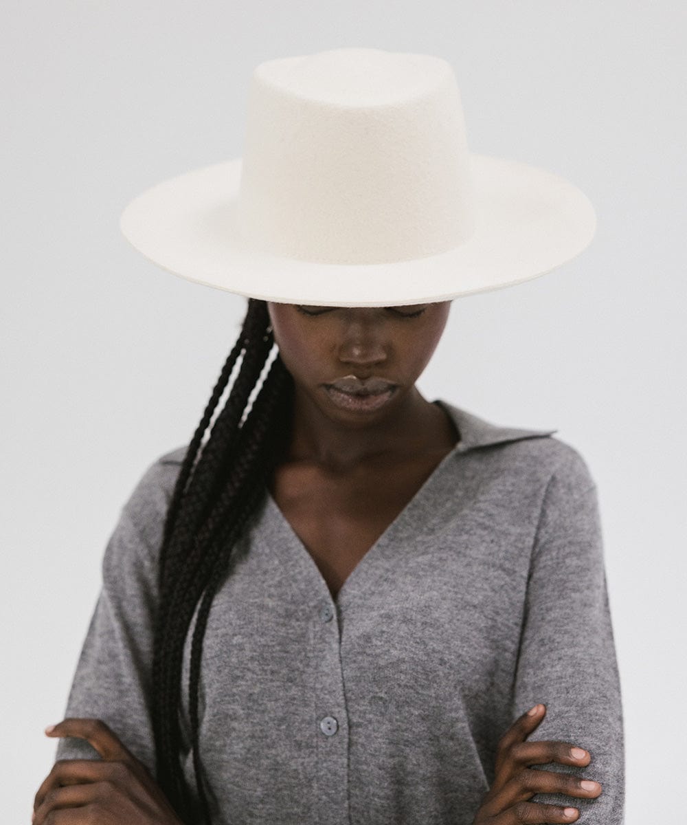 Gigi Pip felt hats for women - Ty Upturned Brim - tall telescope crown with a stiff, upturned brim [off white]