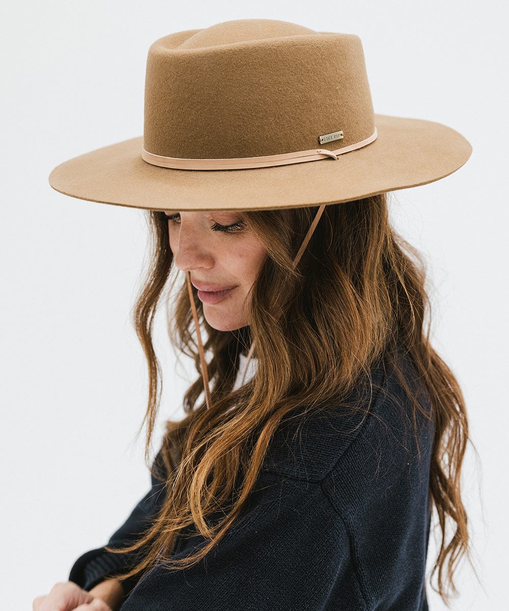 Gigi Pip felt hats for women - Wren Flat Brim Telescope - telescope crown with a stiff, flat brim and features an adjustable leather chinstrap [brown]