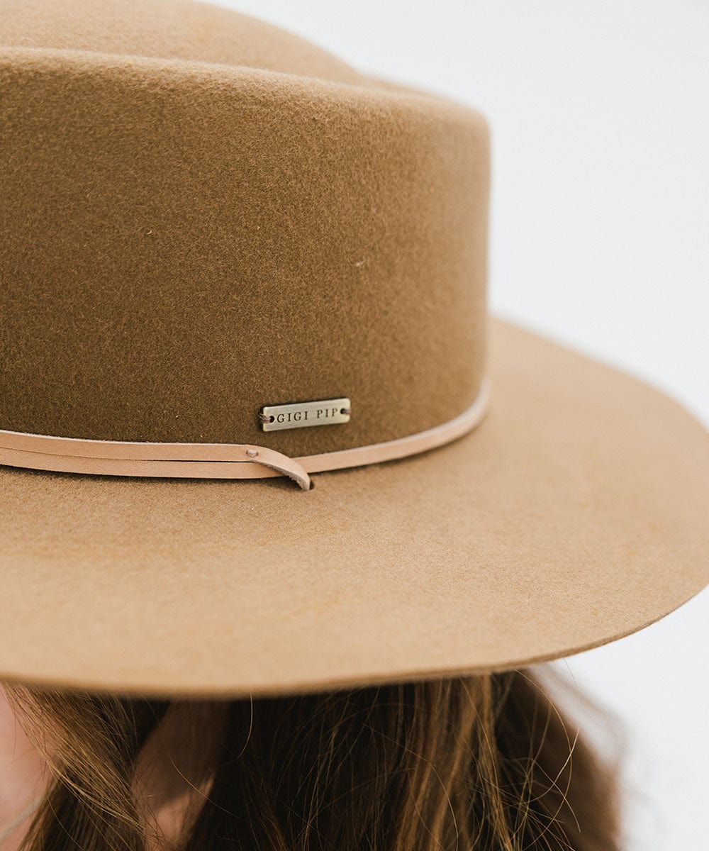 Gigi Pip felt hats for women - Wren Flat Brim Telescope - telescope crown with a stiff, flat brim and features an adjustable leather chinstrap [brown]