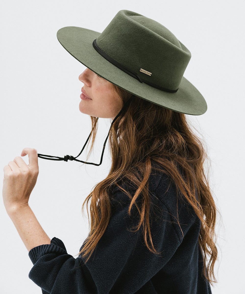 Gigi Pip felt hats for women - Wren Flat Brim Telescope - telescope crown with a stiff, flat brim and features an adjustable leather chinstrap [green]