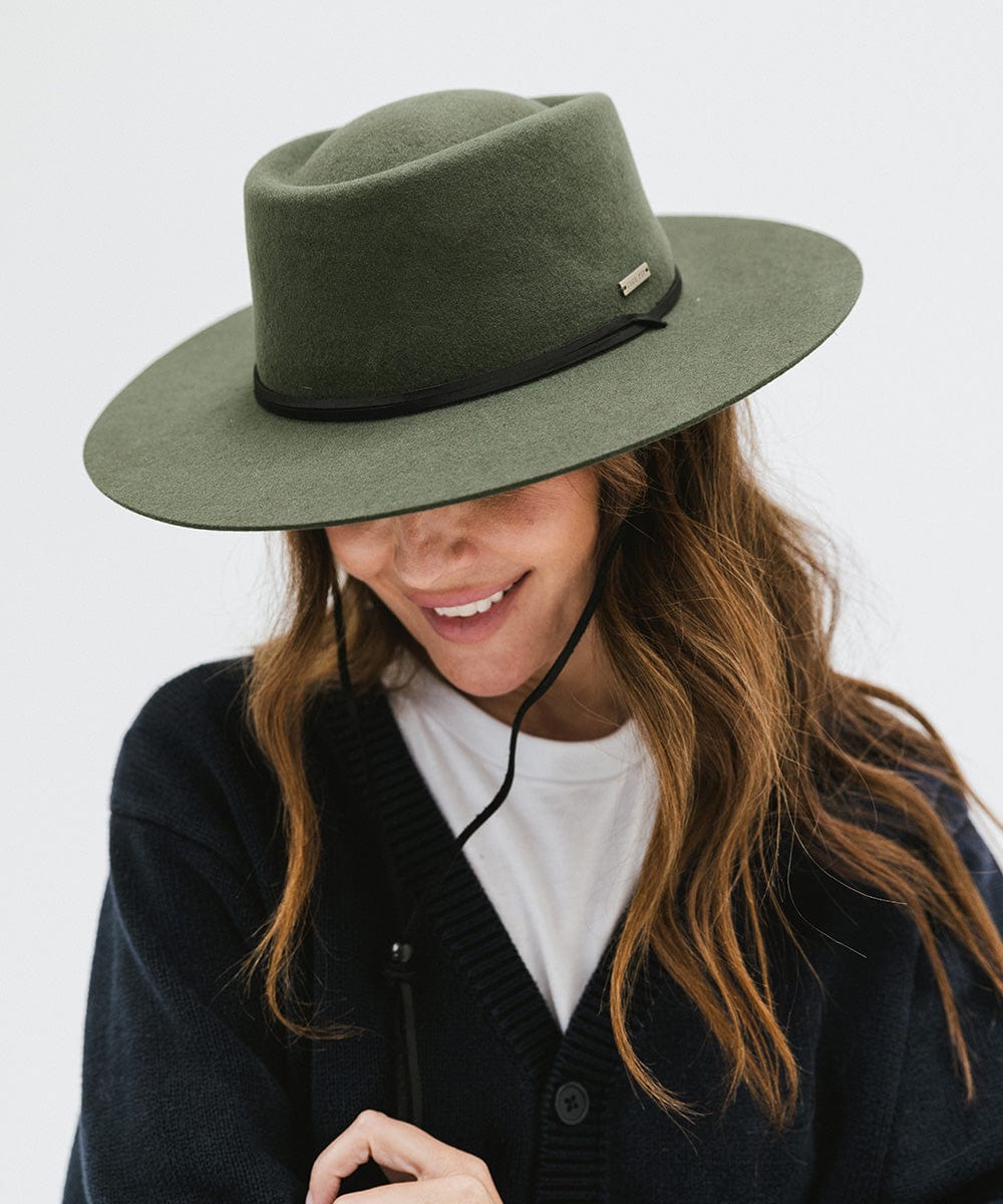 Gigi Pip felt hats for women - Wren Flat Brim Telescope - telescope crown with a stiff, flat brim and features an adjustable leather chinstrap [green]