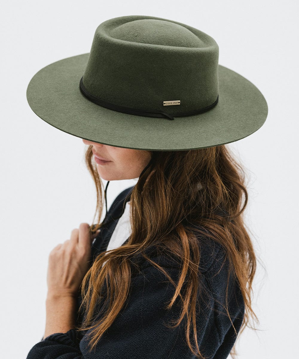 Gigi Pip felt hats for women - Wren Flat Brim Telescope - telescope crown with a stiff, flat brim and features an adjustable leather chinstrap [green]