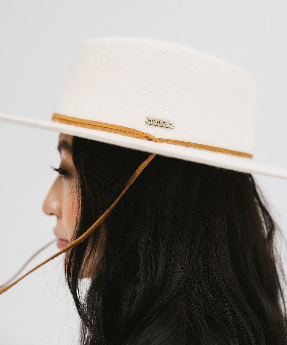 Gigi Pip felt hats for women - Wren Flat Brim Telescope - telescope crown with a stiff, flat brim and features an adjustable leather chinstrap [off white]