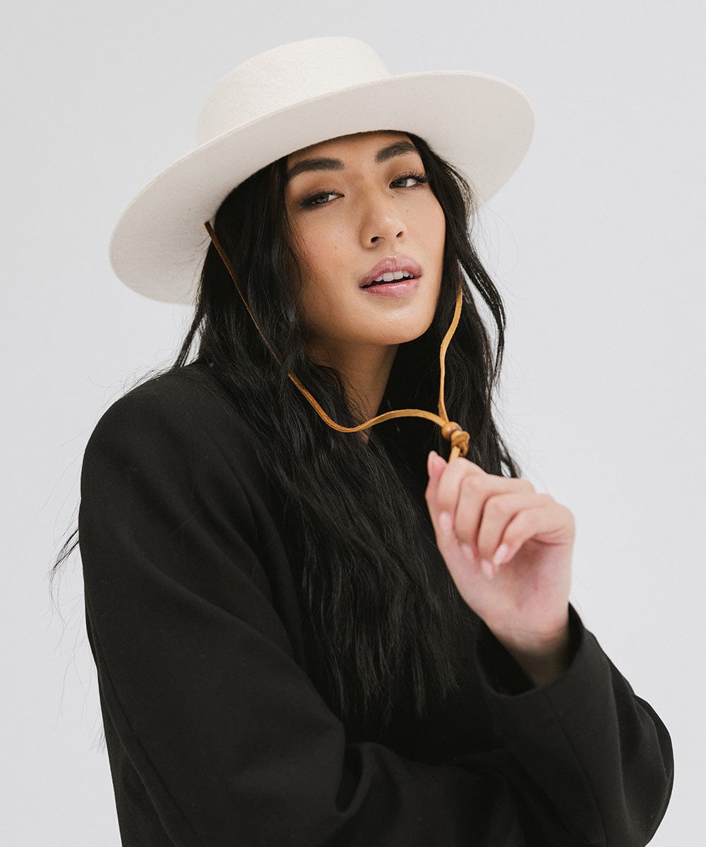 Gigi Pip felt hats for women - Wren Flat Brim Telescope - telescope crown with a stiff, flat brim and features an adjustable leather chinstrap [off white]