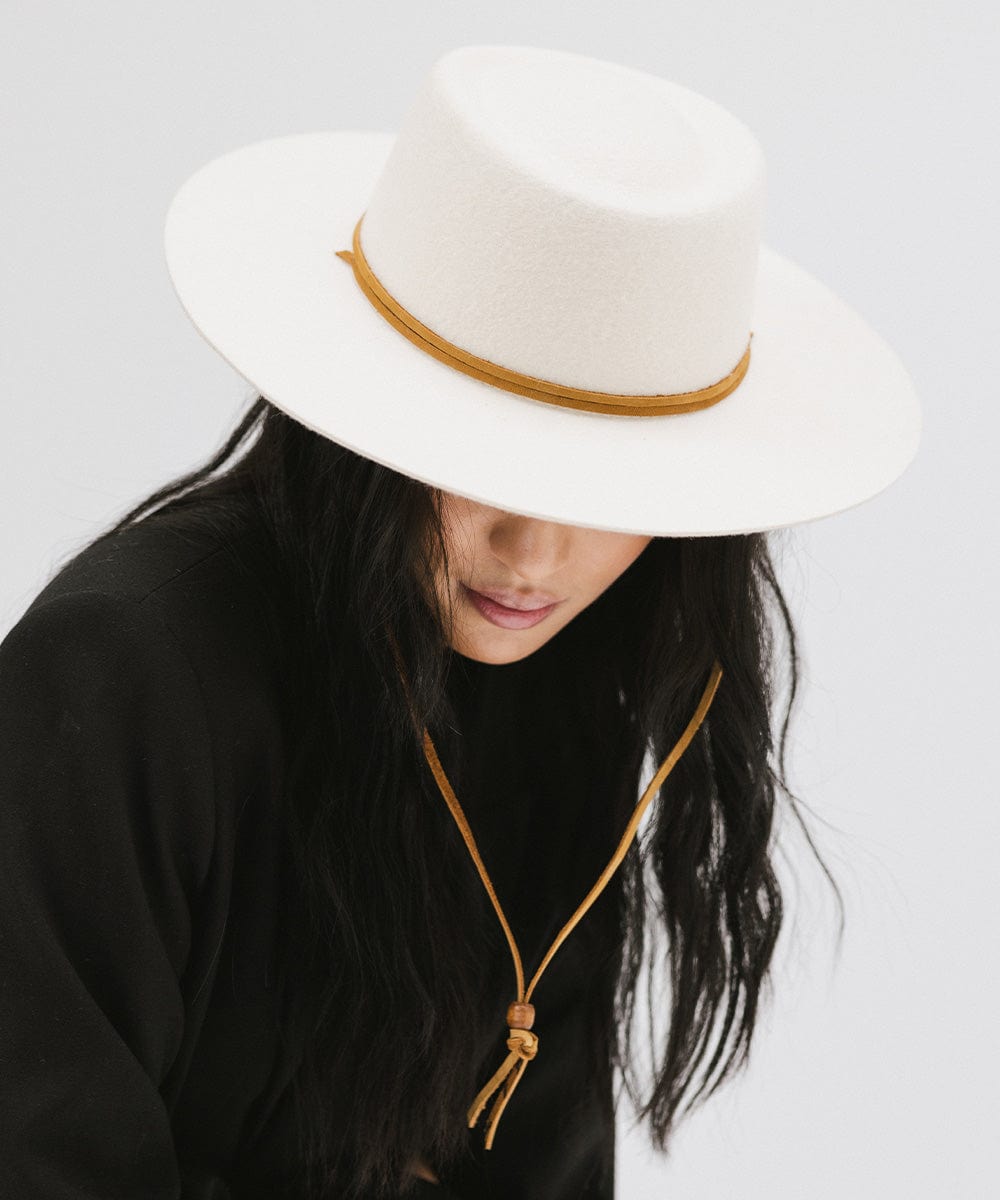 Gigi Pip felt hats for women - Wren Flat Brim Telescope - telescope crown with a stiff, flat brim and features an adjustable leather chinstrap [off white]