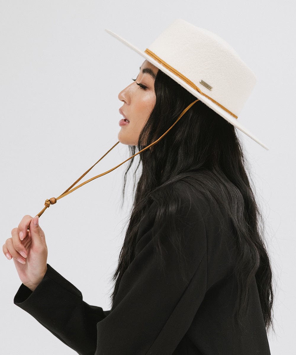 Gigi Pip felt hats for women - Wren Flat Brim Telescope - telescope crown with a stiff, flat brim and features an adjustable leather chinstrap [off white]