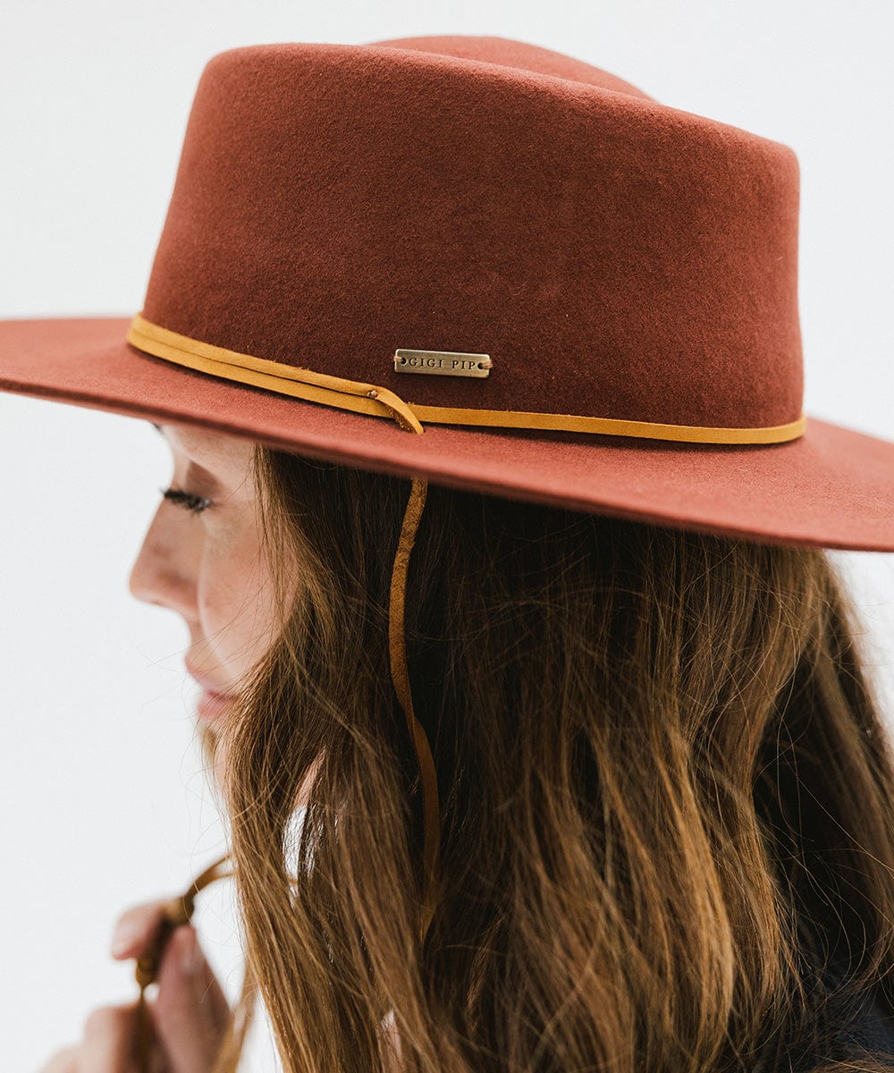 Gigi Pip felt hats for women - Wren Flat Brim Telescope - telescope crown with a stiff, flat brim and features an adjustable leather chinstrap [rusty red]