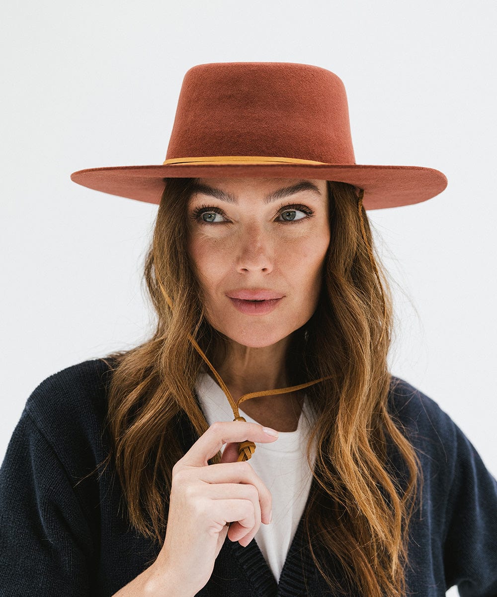 Gigi Pip felt hats for women - Wren Flat Brim Telescope - telescope crown with a stiff, flat brim and features an adjustable leather chinstrap [rusty red]