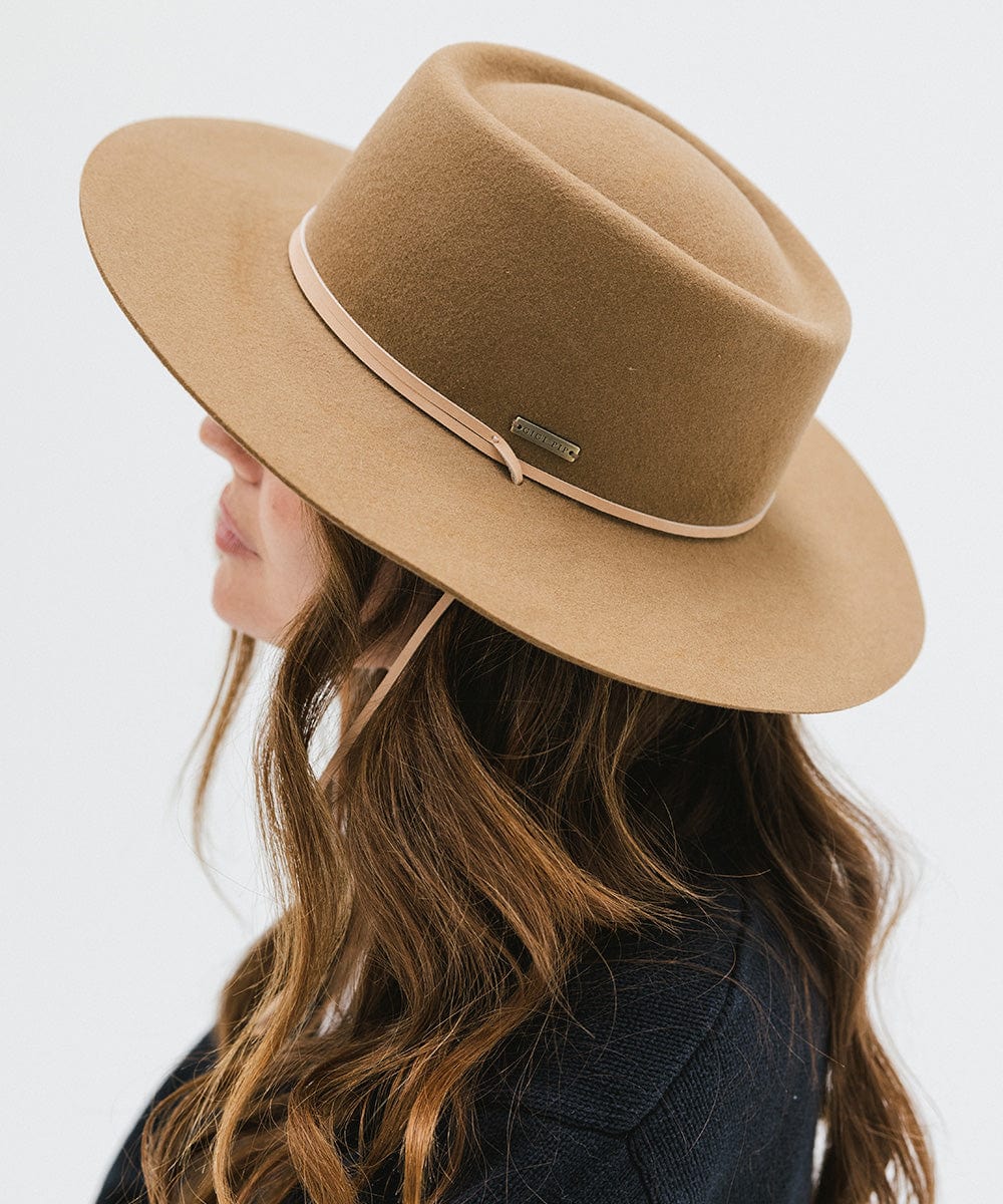 Gigi Pip felt hats for women - Wren Flat Brim Telescope - telescope crown with a stiff, flat brim and features an adjustable leather chinstrap [brown]