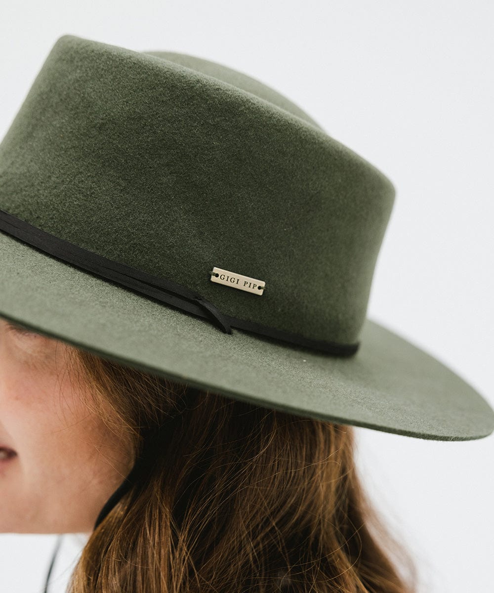 Gigi Pip felt hats for women - Wren Flat Brim Telescope - telescope crown with a stiff, flat brim and features an adjustable leather chinstrap [green]