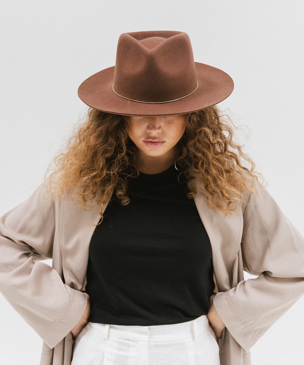 Gigi Pip felt hats for women - Zephyr Rancher - fedora teardrop crown with a stiff upturned brim [dark oak]