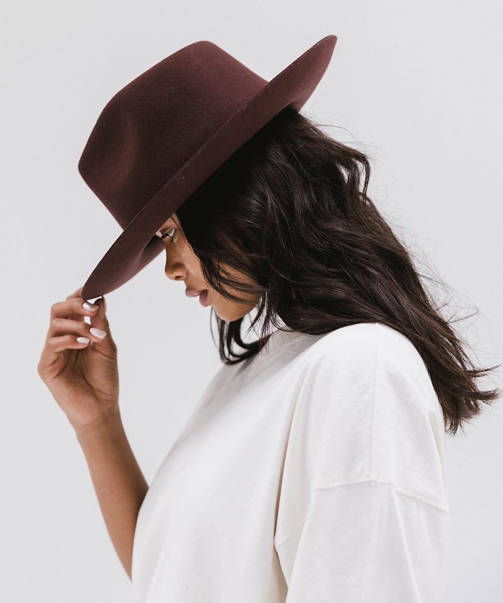 Gigi Pip felt hats for women - Zephyr Rancher - fedora teardrop crown with a stiff upturned brim [dark cherry]