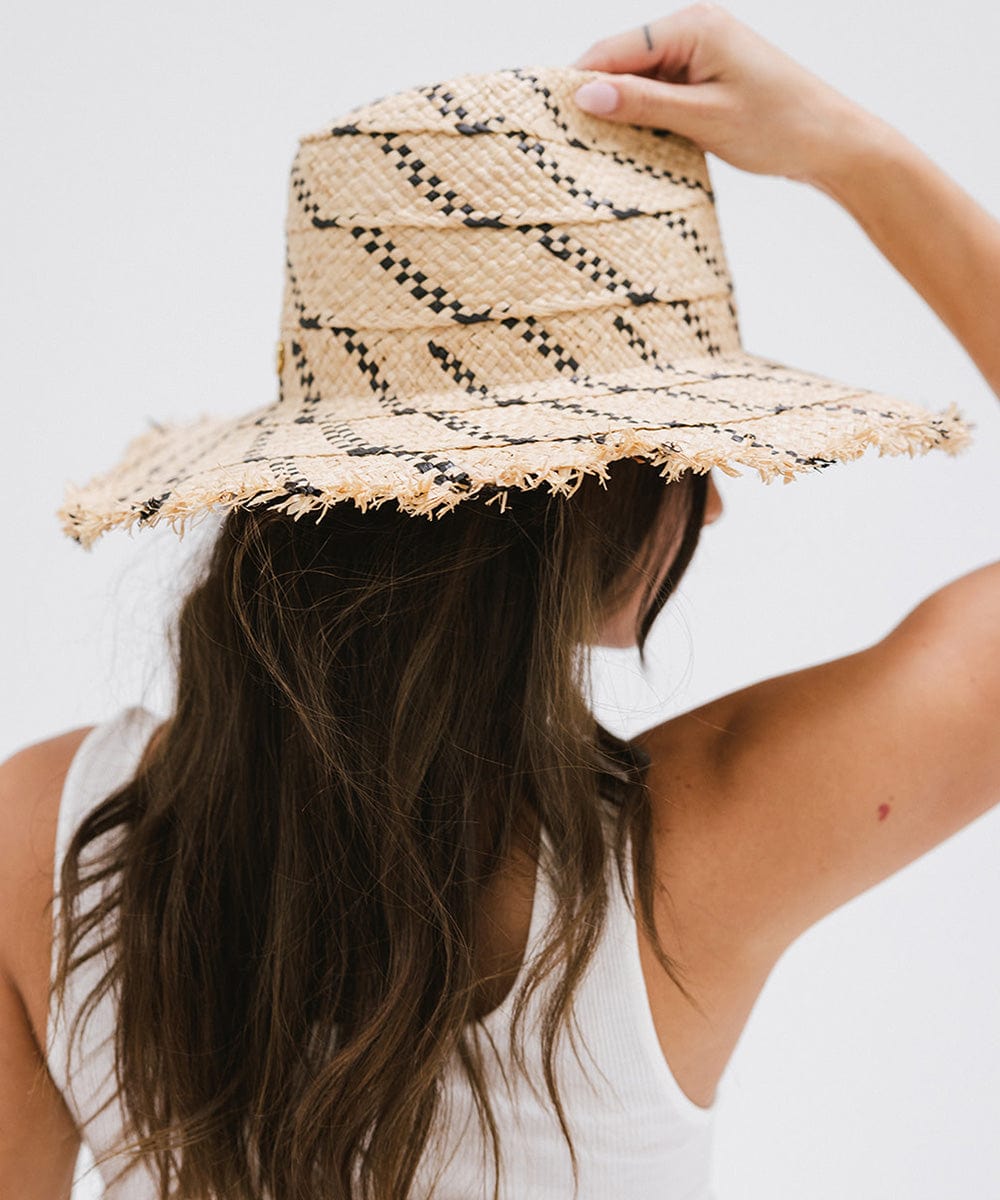 Gigi Pip straw hats for women - Gemma Wide Brim Straw - handwoven palm straw fedora with a fringed edge for a bohemian vibe, lightweight weave with slight flexibility [natural-black]