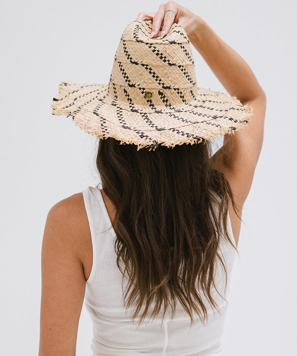 Gigi Pip straw hats for women - Gemma Wide Brim Straw - handwoven palm straw fedora with a fringed edge for a bohemian vibe, lightweight weave with slight flexibility [natural-black]