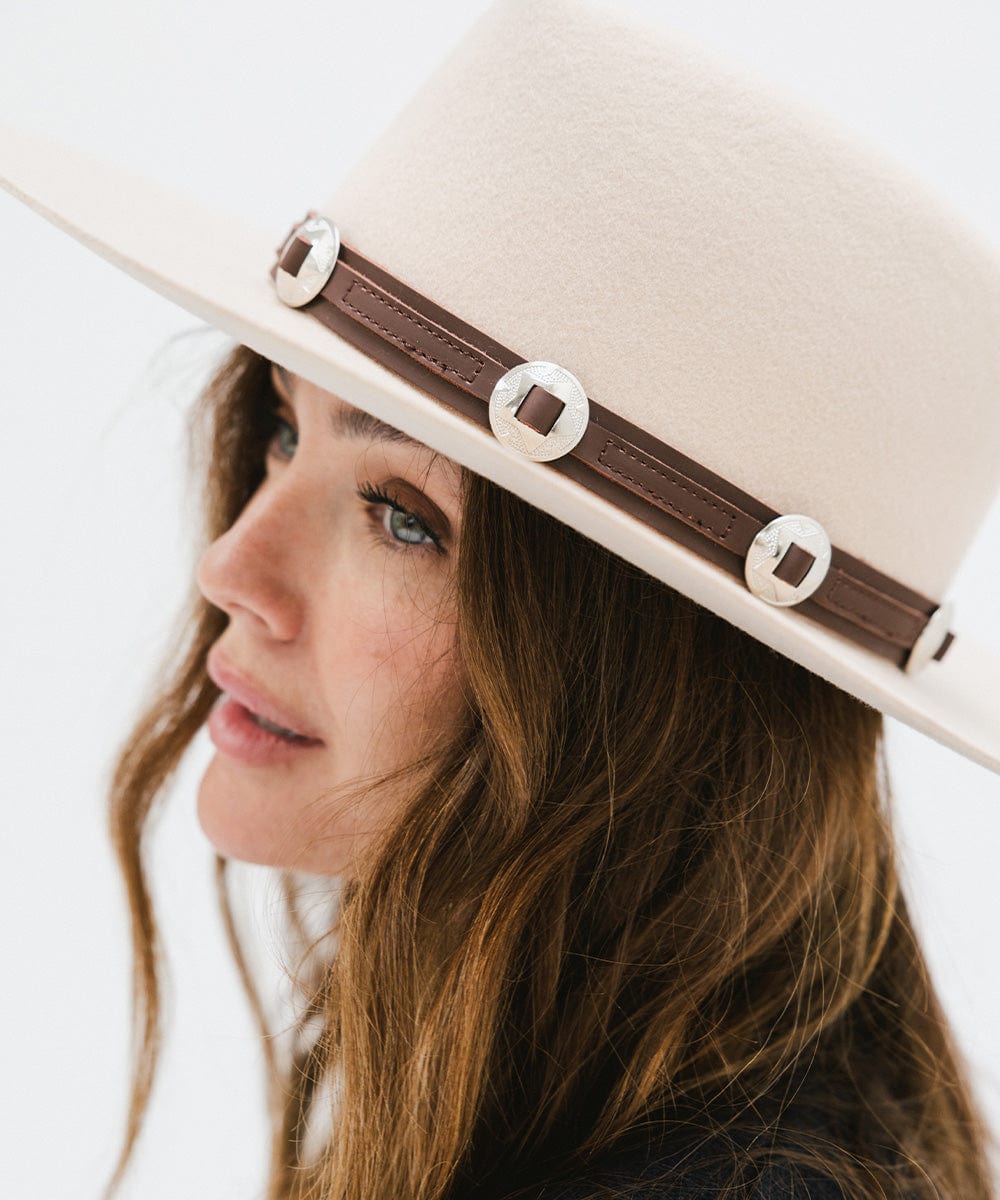 Gigi Pip hat bands + trims for women's hats - Genuine Leather Western Band - 100% genuine leather western style band with bright silver concho details and a silver plated metal pin closure [chocolate]