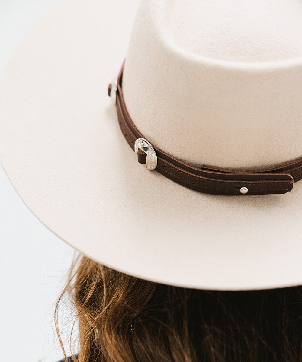 Gigi Pip hat bands + trims for women's hats - Genuine Leather Western Band - 100% genuine leather western style band with bright silver concho details and a silver plated metal pin closure [chocolate]