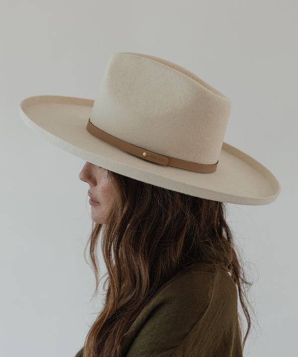 Gigi Pip hat bands + trims for womens hats - 100% genuine leather thin hat band featuring a metal pin enclosure + Gigi Pip embossed [tan]