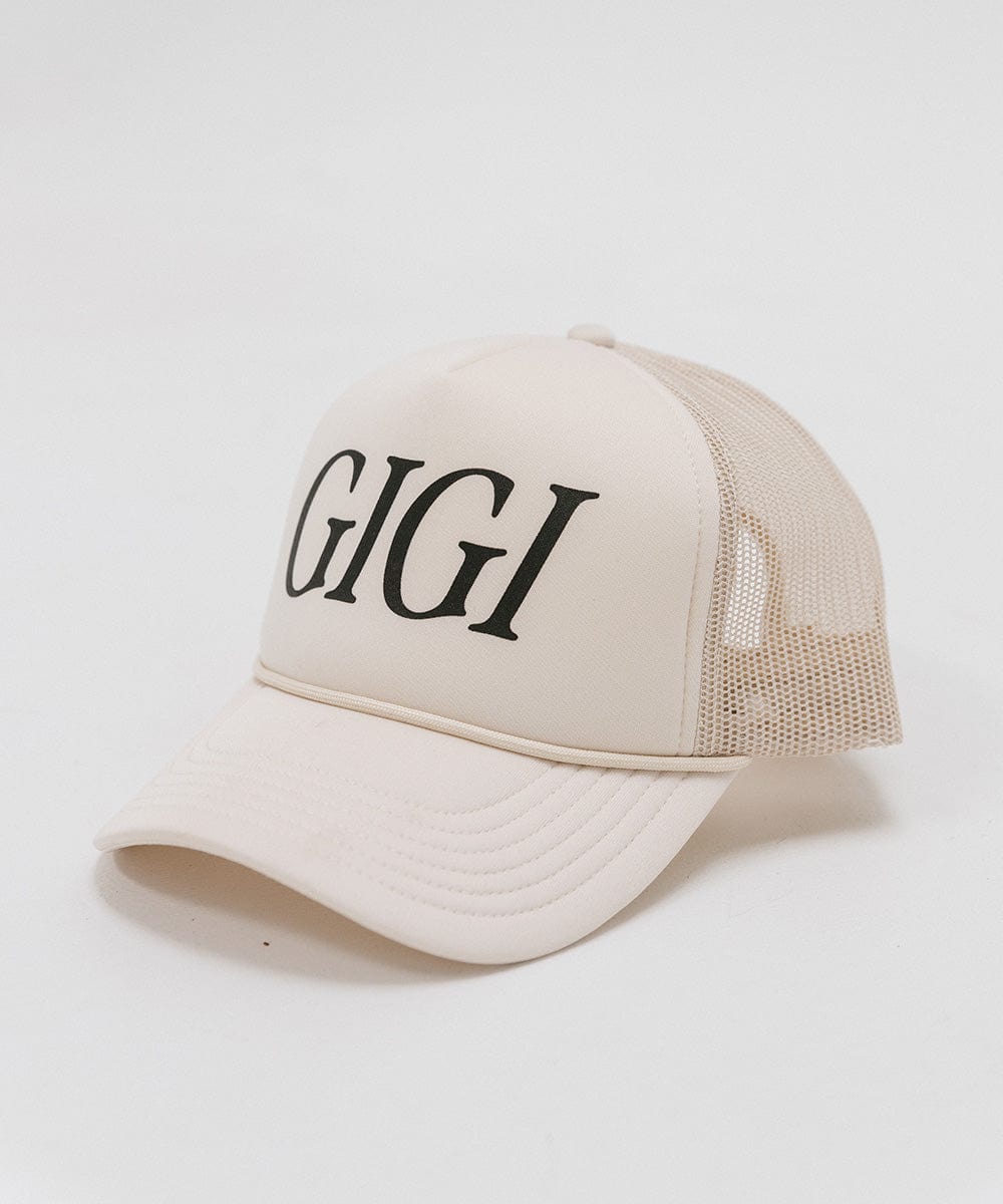 Gigi Pip trucker hats for women - Gigi Foam Trucker Hat - 100% polyester foam + mesh trucker hat with a curved brim featuring the word "Gigi" in a contrasting color as a design across the front panel [white]