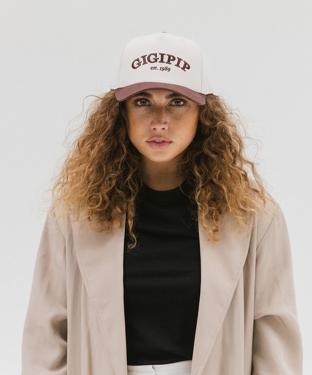 Gigi Pip trucker hats for women - Gigi Pip Canvas Trucker Hat - 100% Cotton Canvas w/ cotton sweatband + reinforced from panel with 100% polyester mesh trucker hats with gigi pip embroidered on the front panel with an adjustable velcro bag [cream-chocolate brown]