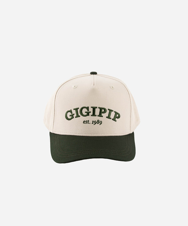 Gigi Pip trucker hats for women - Gigi Pip Canvas Trucker Hat - 100% Cotton Canvas w/ cotton sweatband + reinforced from panel with 100% polyester mesh trucker hats with gigi pip embroidered on the front panel with an adjustable velcro bag [cream-dark green]