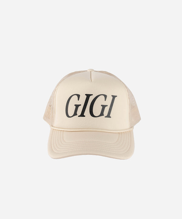 Gigi Pip trucker hats for women - Gigi Foam Trucker Hat - 100% polyester foam + mesh trucker hat with a curved brim featuring the word "Gigi" in a contrasting color as a design across the front panel [white]