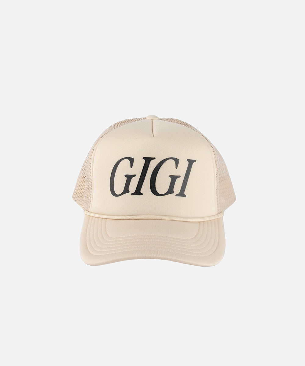 Gigi Pip trucker hats for women - Gigi Foam Trucker Hat - 100% polyester foam + mesh trucker hat with a curved brim featuring the word 