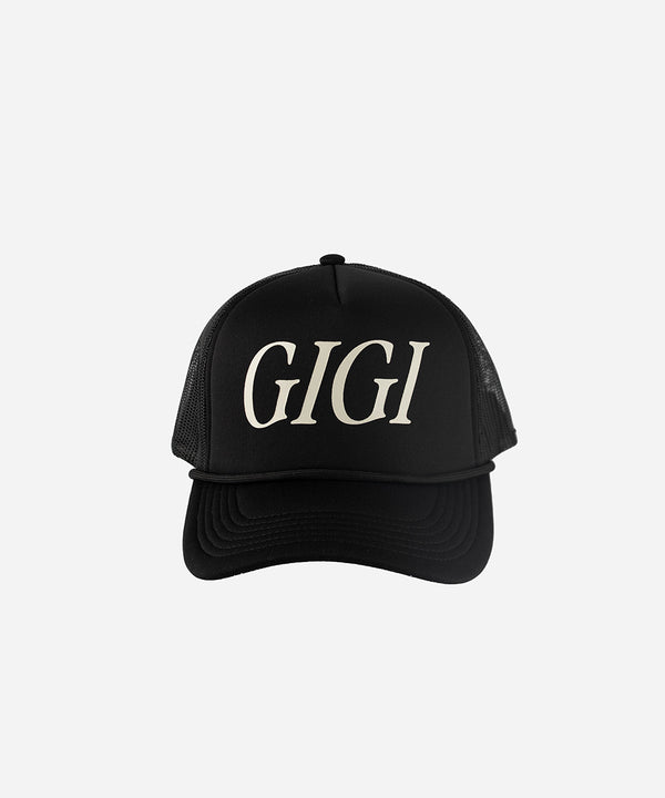 Gigi Pip trucker hats for women - Gigi Foam Trucker Hat - 100% polyester foam + mesh trucker hat with a curved brim featuring the word "Gigi" in a contrasting color as a design across the front panel [black]