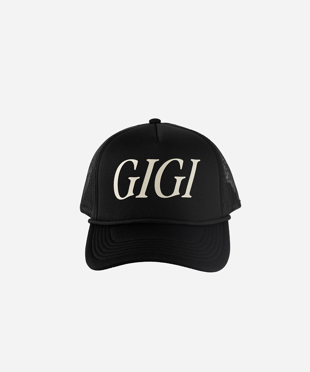 Gigi Pip trucker hats for women - Gigi Foam Trucker Hat - 100% polyester foam + mesh trucker hat with a curved brim featuring the word 