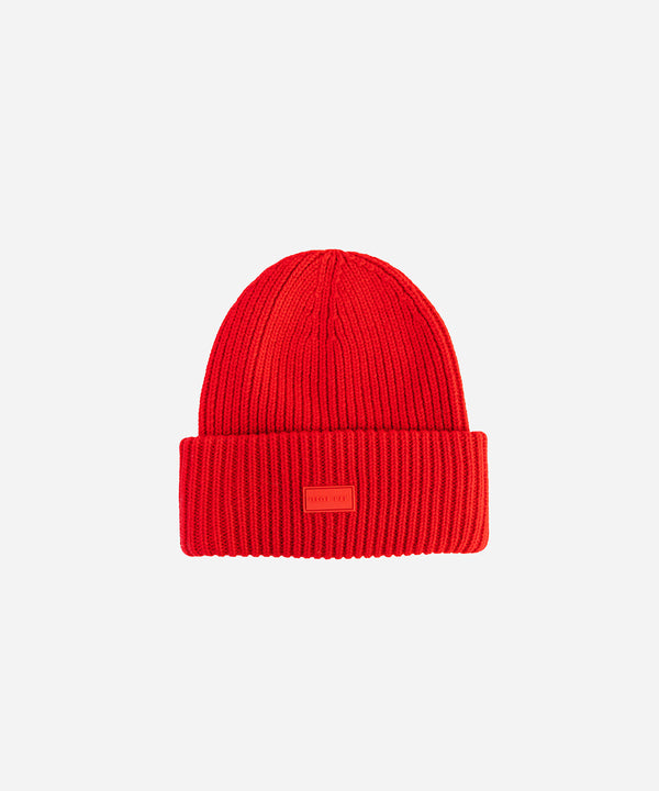 Gigi Pip beanies for women - Gigi Merino Wool Beanie - 100% merino wool double fold beanie featuring a Gigi Pip branded silicone patch on the front fold [ruby red]