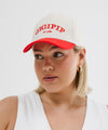 Gigi Pip trucker hats for women - Gigi Pip Canvas Trucker Hat - 100% Cotton Canvas w/ cotton sweatband + reinforced from panel with 100% polyester mesh trucker hats with gigi pip embroidered on the front panel with an adjustable velcro bag [cream-red]