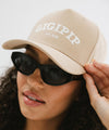 Gigi Pip trucker hats for women - Gigi Pip Canvas Trucker Hat - 100% Cotton Canvas w/ cotton sweatband + reinforced from panel with 100% polyester mesh trucker hats with gigi pip embroidered on the front panel with an adjustable velcro bag [tan]