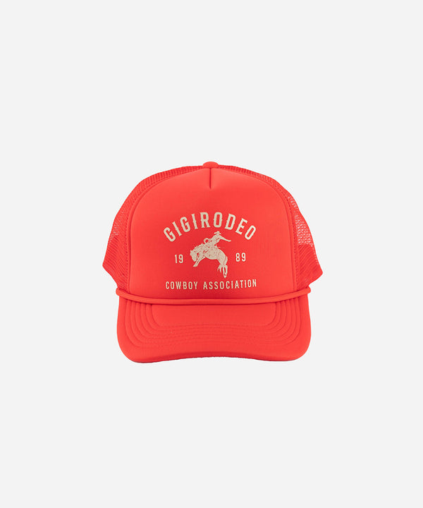 Gigi Pip trucker hats for women - Gigi Rodeo Foam Trucker Hat - 100% polyester foam + mesh trucker hat with a curved brim featuring the words "gigi rodeo" in a contrasting color as a design across the front panel [red]