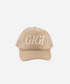 Gigi Pip trucker hats for women - Gigi Foam Trucker Hat - 100% polyester foam + mesh trucker hat with a curved brim featuring the word "Gigi" in a contrasting color as a design across the front panel [tan]