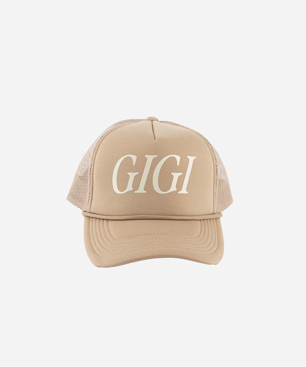 Gigi Pip trucker hats for women - Gigi Foam Trucker Hat - 100% polyester foam + mesh trucker hat with a curved brim featuring the word "Gigi" in a contrasting color as a design across the front panel [tan]