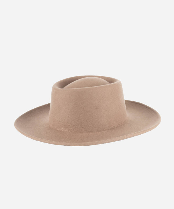 Gigi Pip felt hats for women - Ginger Gambler - indented oval crown with a stiff, upturned brim [taupe]