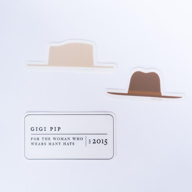 Gigi Pip hat care products - Gigi Pip Sticker Bundles - stickers sorted into bundles of 3 featuring hat shape stickers, Gigi Pip logo circle stickers + a Gigi Pip established in 2015 tag sticker [Hats We Wear bundle]