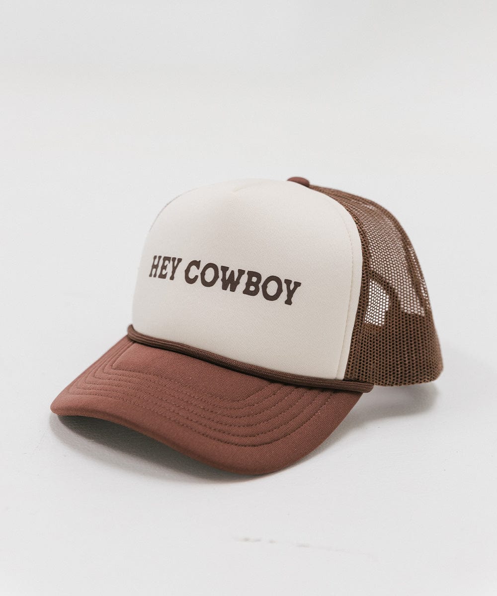 Gigi Pip trucker hats for women - Hey Cowboy Foam Trucker Hat - 100% polyester foam + mesh trucker hat with a curved brim featuring the words "hey cowboy" in a contrasting color as a design across the front panel [cream-chocolate brown]