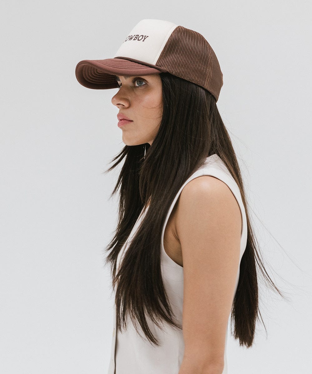 Gigi Pip trucker hats for women - Hey Cowboy Foam Trucker Hat - 100% polyester foam + mesh trucker hat with a curved brim featuring the words "hey cowboy" in a contrasting color as a design across the front panel [cream-chocolate brown]