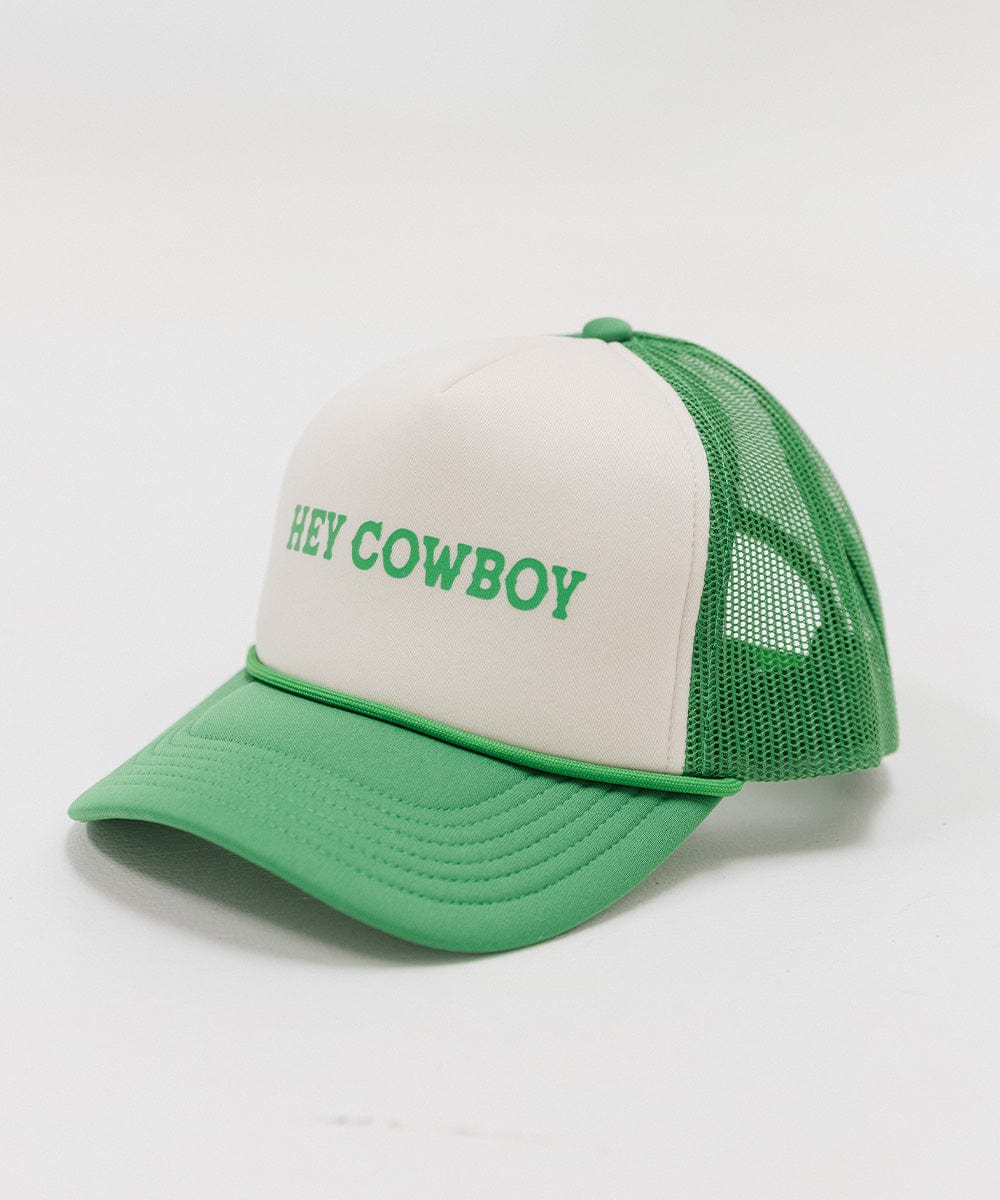 Gigi Pip trucker hats for women - Hey Cowboy Foam Trucker Hat - 100% polyester foam + mesh trucker hat with a curved brim featuring the words "hey cowboy" in a contrasting color as a design across the front panel [cream-vintage green]