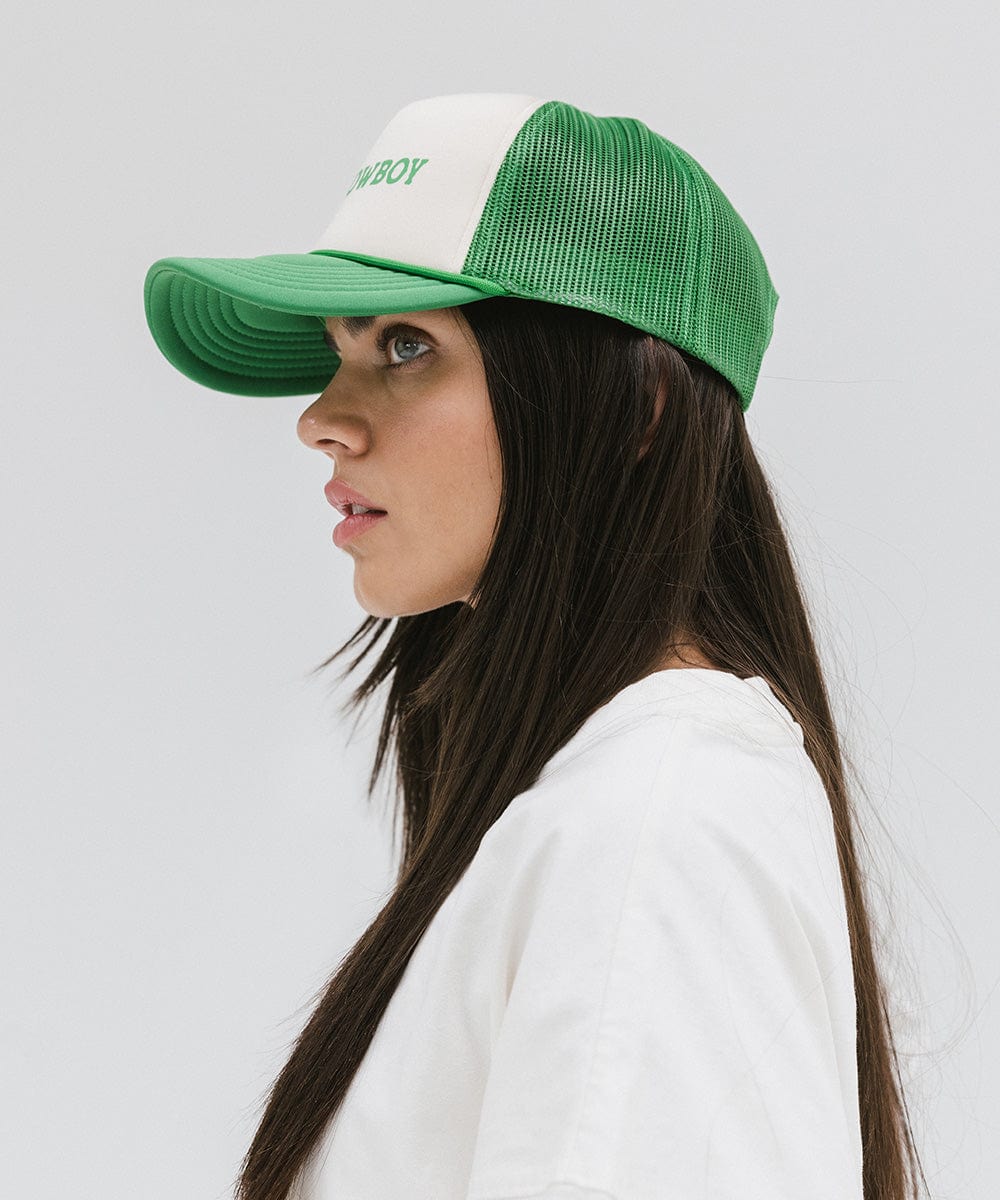 Gigi Pip trucker hats for women - Hey Cowboy Foam Trucker Hat - 100% polyester foam + mesh trucker hat with a curved brim featuring the words "hey cowboy" in a contrasting color as a design across the front panel [cream-vintage green]