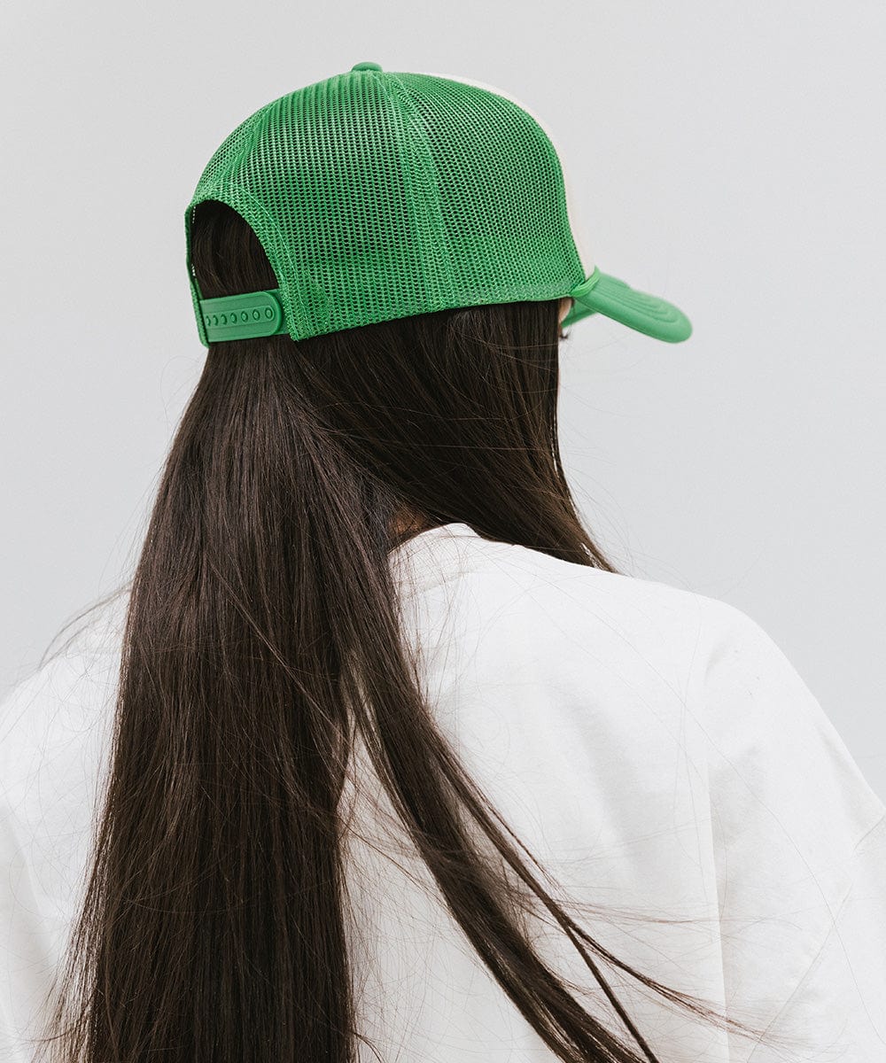 Gigi Pip trucker hats for women - Hey Cowboy Foam Trucker Hat - 100% polyester foam + mesh trucker hat with a curved brim featuring the words "hey cowboy" in a contrasting color as a design across the front panel [cream-vintage green]