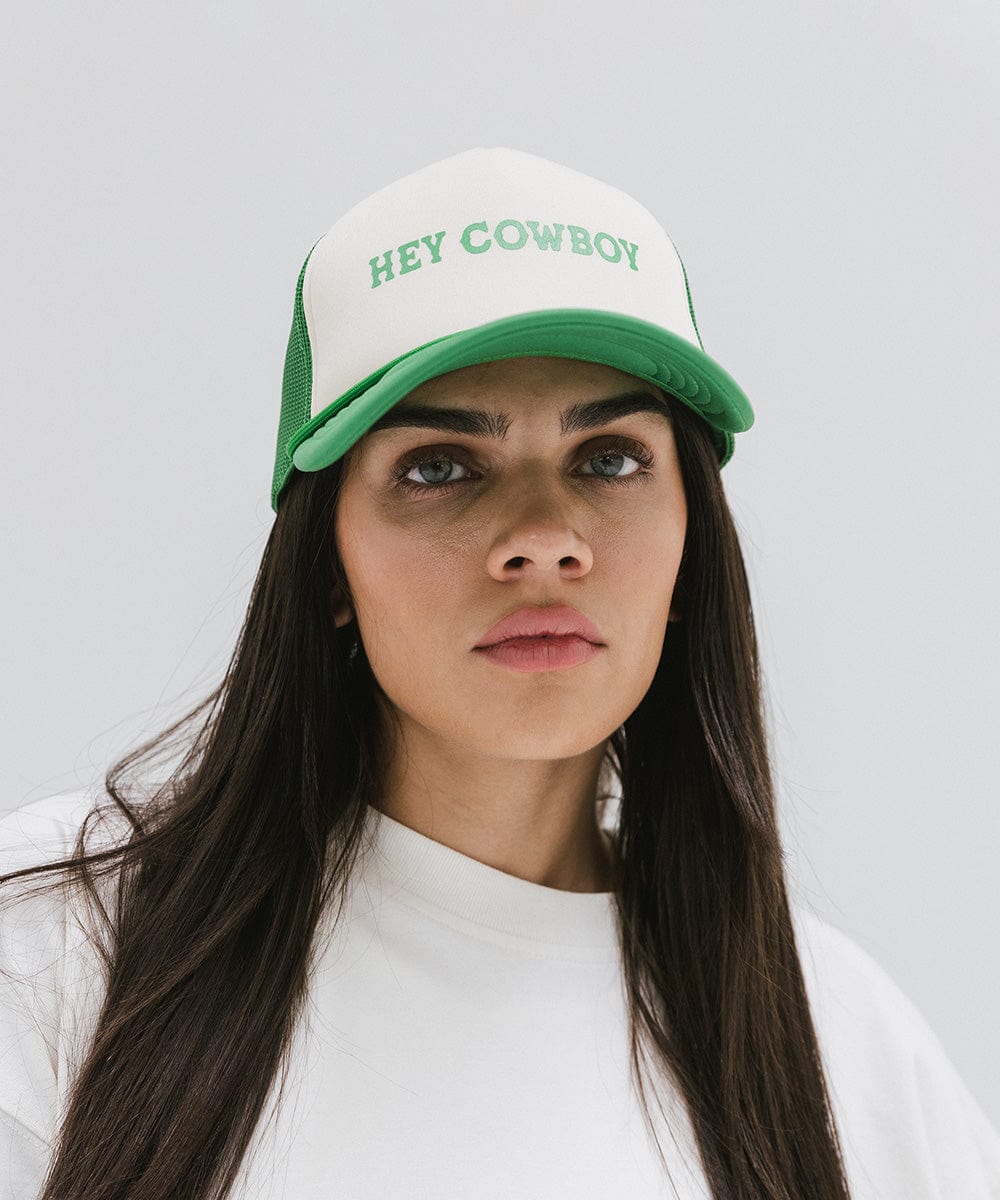 Gigi Pip trucker hats for women - Hey Cowboy Foam Trucker Hat - 100% polyester foam + mesh trucker hat with a curved brim featuring the words "hey cowboy" in a contrasting color as a design across the front panel [cream-vintage green]