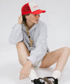 Gigi Pip trucker hats for women - Hey Cowboy Foam Trucker Hat - 100% polyester foam + mesh trucker hat with a curved brim featuring the words "hey cowboy" in a contrasting color as a design across the front panel [cream-vintage red]