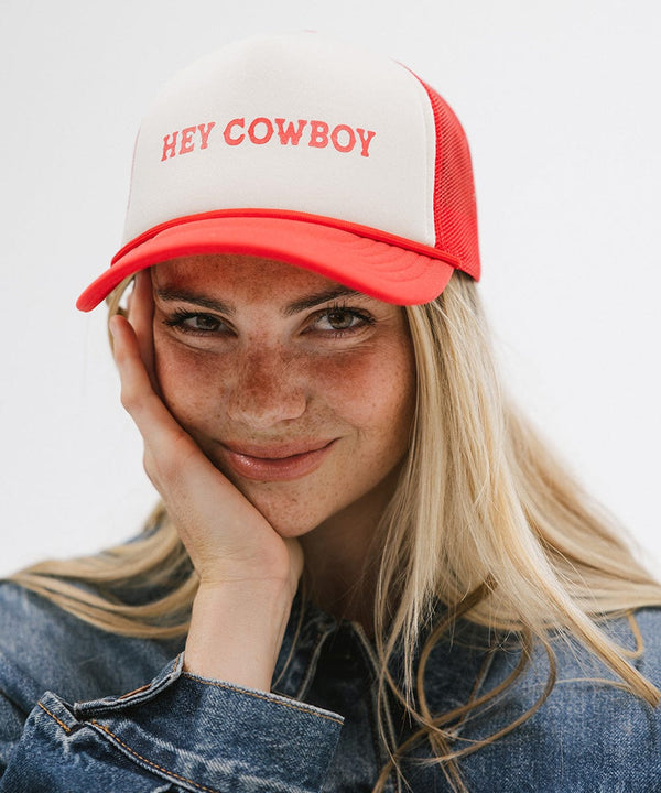 Gigi Pip trucker hats for women - Hey Cowboy Foam Trucker Hat - 100% polyester foam + mesh trucker hat with a curved brim featuring the words "hey cowboy" in a contrasting color as a design across the front panel [cream-vintage red]