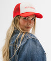 Gigi Pip trucker hats for women - Hey Cowboy Foam Trucker Hat - 100% polyester foam + mesh trucker hat with a curved brim featuring the words "hey cowboy" in a contrasting color as a design across the front panel [cream-vintage red]