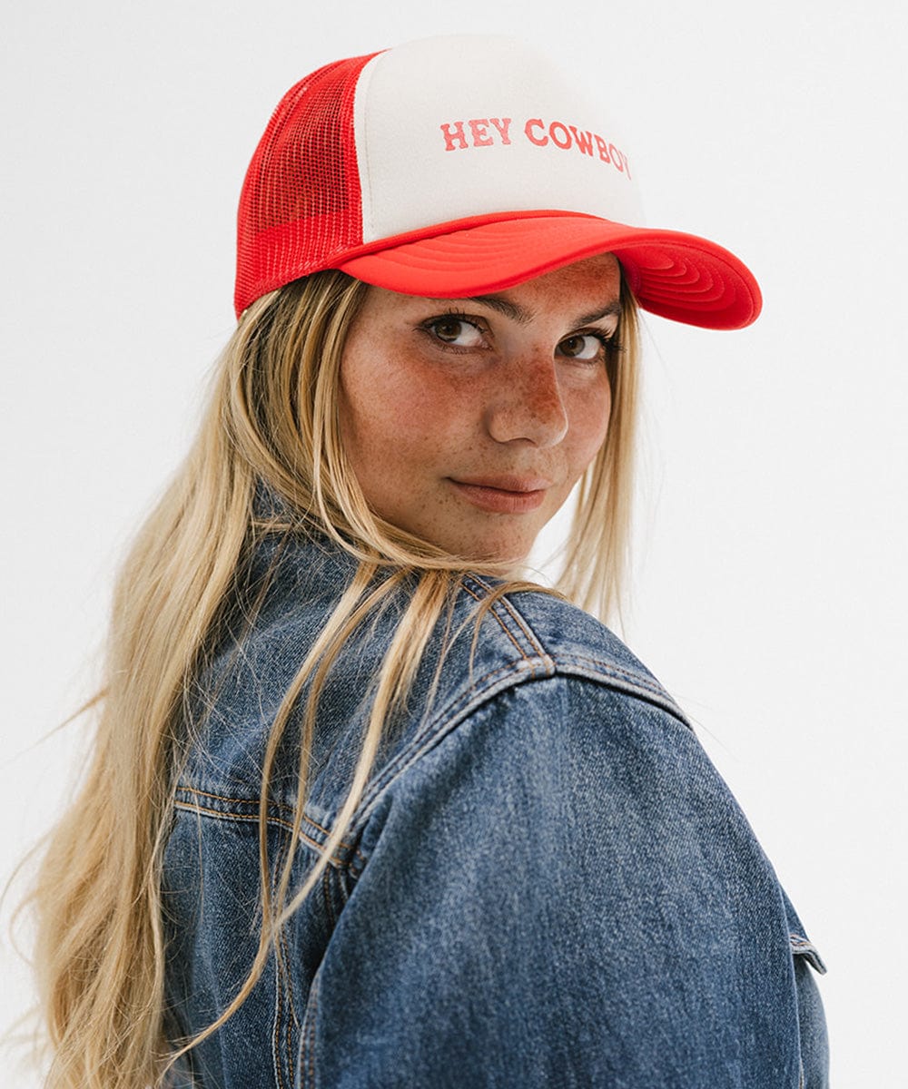 Gigi Pip trucker hats for women - Hey Cowboy Foam Trucker Hat - 100% polyester foam + mesh trucker hat with a curved brim featuring the words "hey cowboy" in a contrasting color as a design across the front panel [cream-vintage red]