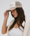 Gigi Pip trucker hats for women - Hey Cowboy Foam Trucker Hat - 100% polyester foam + mesh trucker hat with a curved brim featuring the words "hey cowboy" in a contrasting color as a design across the front panel [tan-cream]